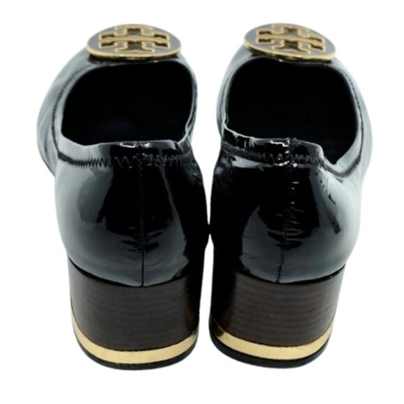 TORY BURCH~Amy Mid-Heel~STACKED PUMP~BLACK PATENT LEATHER GOLD HEEL SIZE 9M - Picture 6 of 7